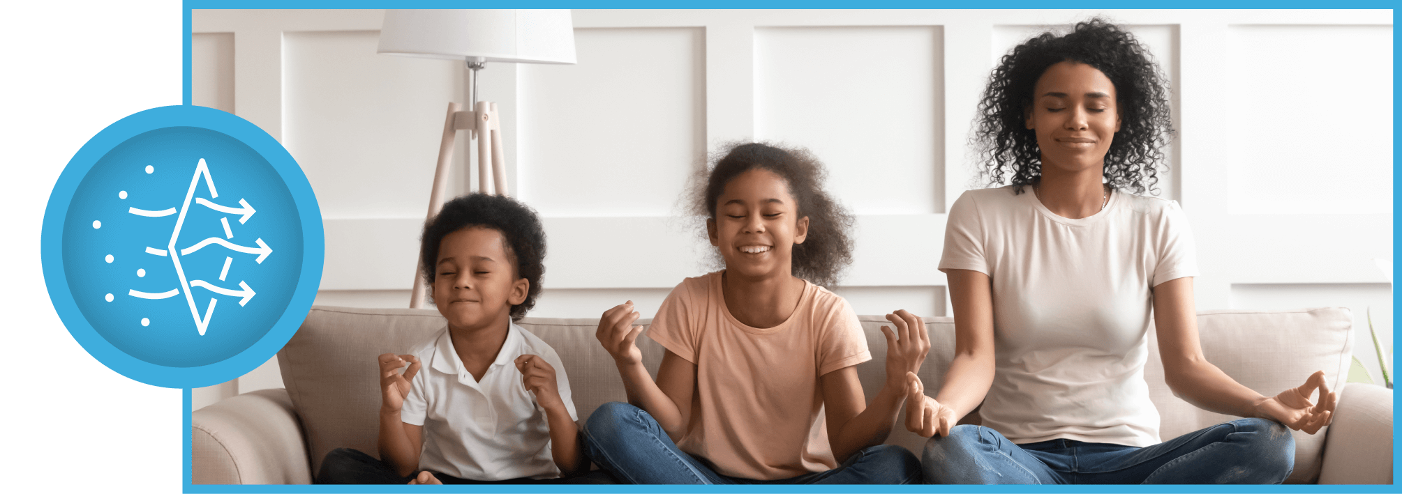 Mother and two kids taking a deep relaxing breath together while seated on the couch Mother and two kids taking a deep relaxing breath together while seated on the couch